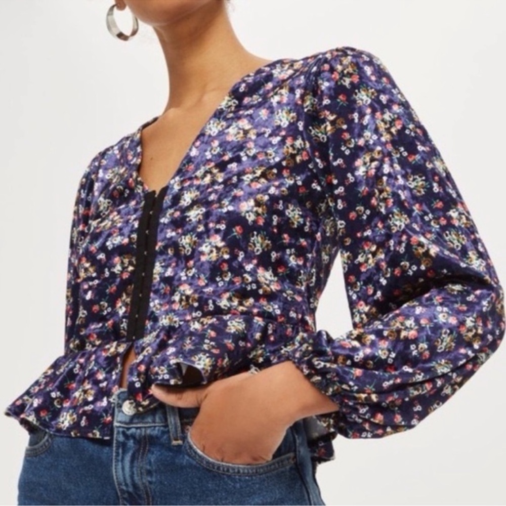 Topshop blue floral print velvet top hook and eye closure size 10 medium - Picture 3 of 11